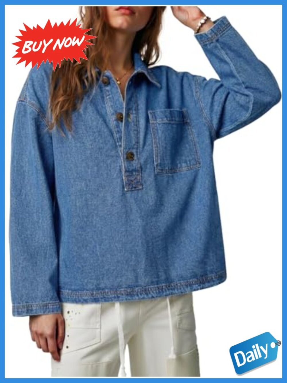 Womens Denim Button Up Shirt V Neck Long Sleeve Pullover Top